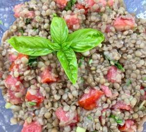 Insalata di lenticchie pomodori e cipollotti